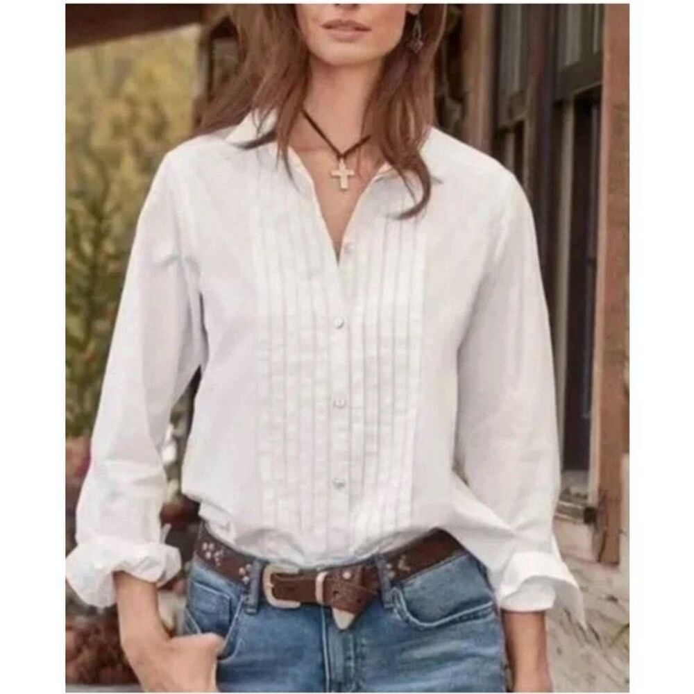 Sundance Pleated Bib Tuxedo Button-Up Cotton Shirt in White Medium